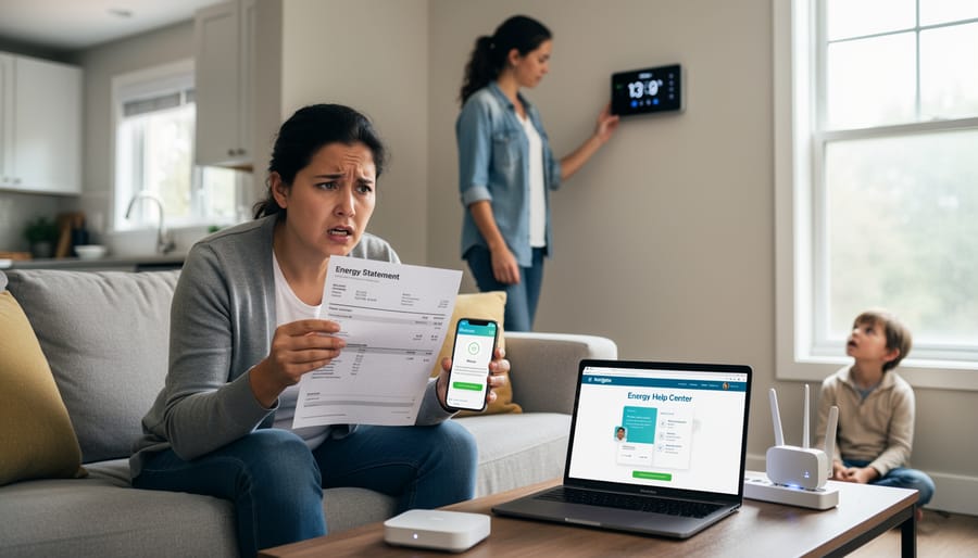 Homeowner reviewing an energy meter panel in a hallway while holding a smartphone