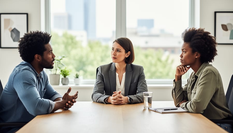 Neutral mediator seated between two people at a wooden table during a confidential discussion