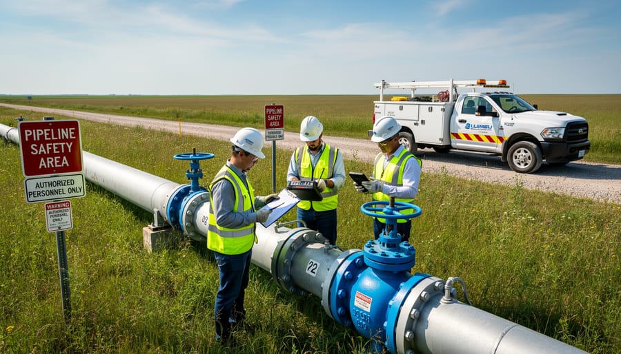 High-visibility workers inspecting a pipeline section in an industrial field under overcast lighting