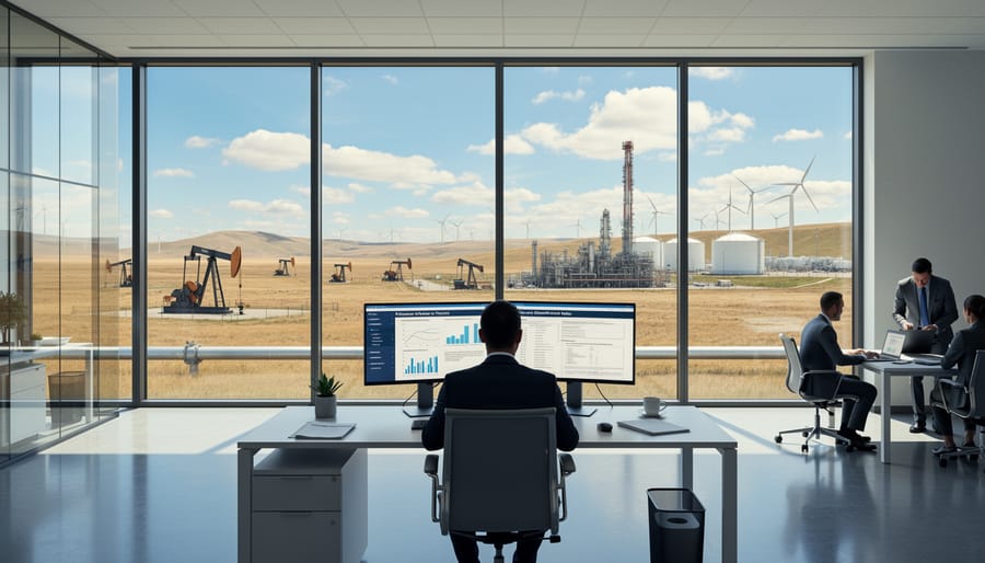 Modern office interior with distant oil-and-gas facilities and a pipeline corridor visible through a window