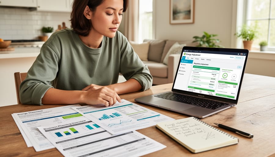 Person reviewing utility bills and documents at a kitchen table with energy-related paperwork