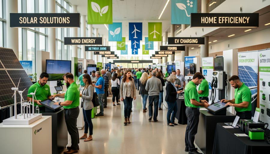 Attendees walking through an energy expo with exhibitor booths in a Calgary event hall