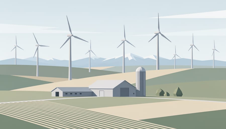 Wind turbine near a barn at golden hour on a farm property
