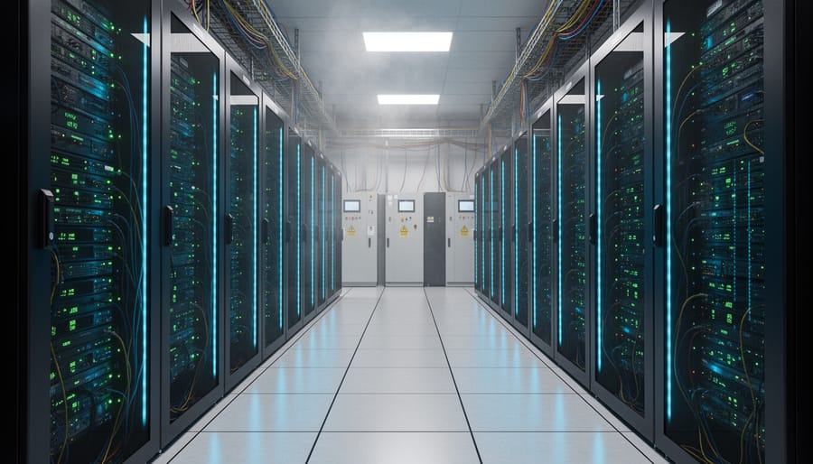 Rows of server racks in a data center with cool blue indicator lights and visible cooling infrastructure