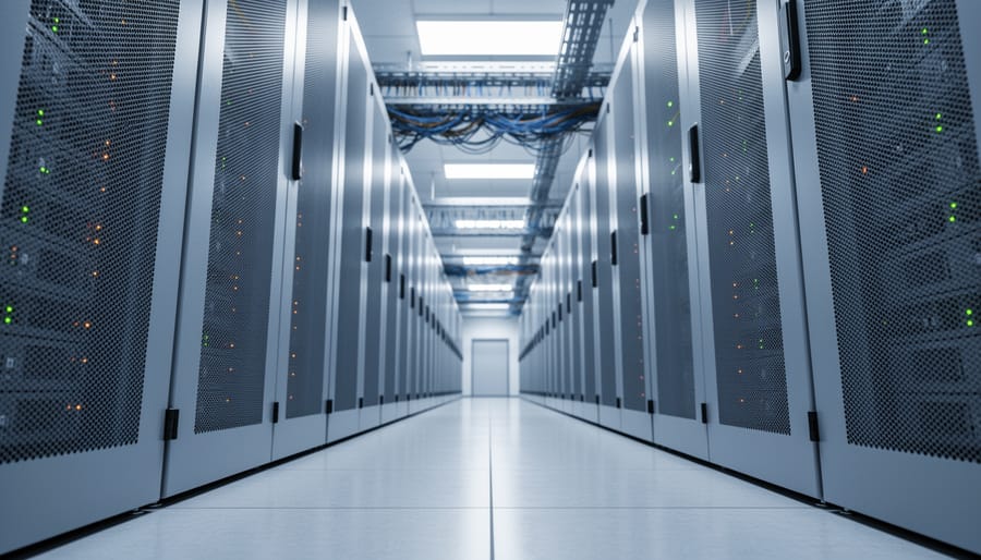 “A low eye-level view inside a modern data center server room with illuminated server racks symbolizing energy use behind online casino platforms.”