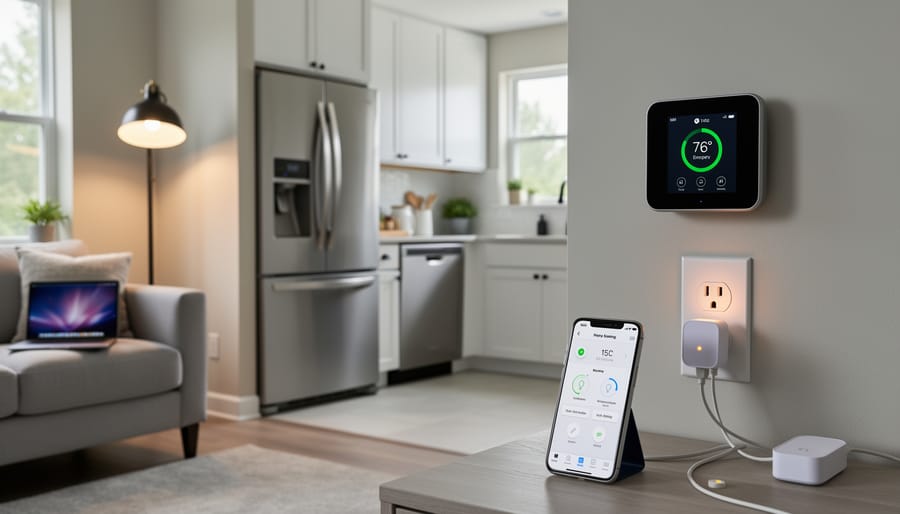 Thermostat and smart energy devices in a living room environment showing practical energy-saving actions