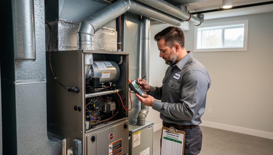 Technician inspecting an outdoor HVAC unit to support better home energy efficiency