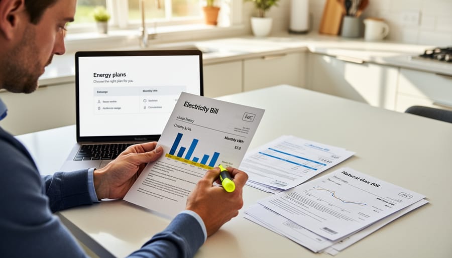 Person reviewing utility bills at a kitchen counter with energy costs and usage references in hand