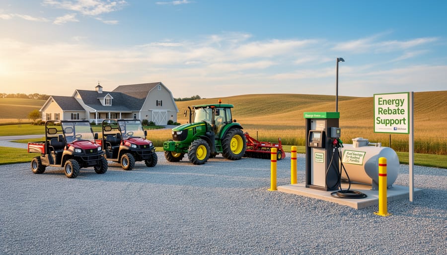 Tractor and farmyard equipment near a fuel area with a barn in the background