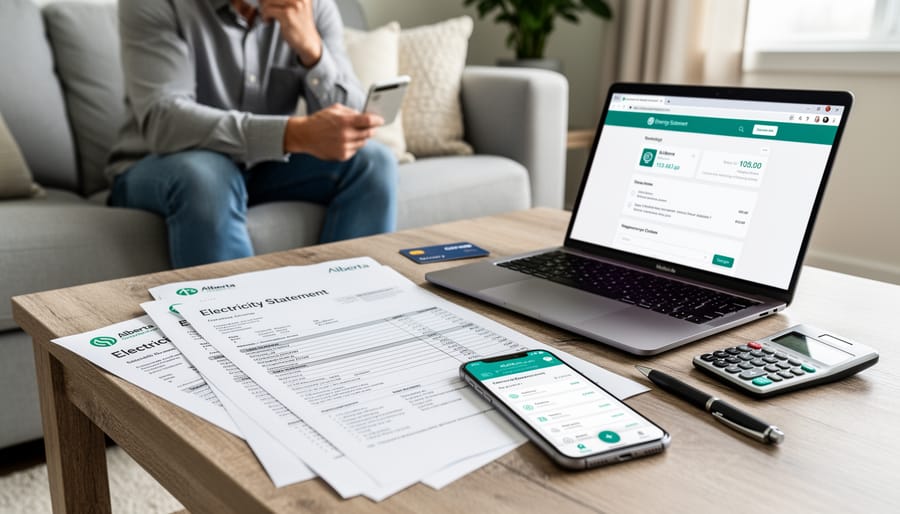 Energy bill and payment card on a kitchen table in a home setting