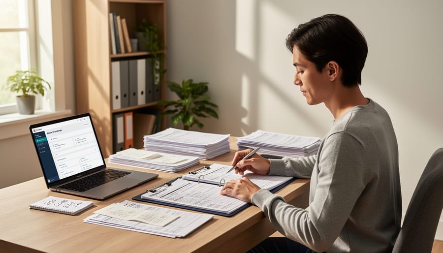 Person reviewing tax documents in a home office with pen in hand